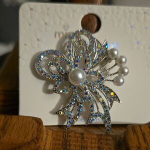Mint Silver and Pearl Brooch with Iridescent Accents